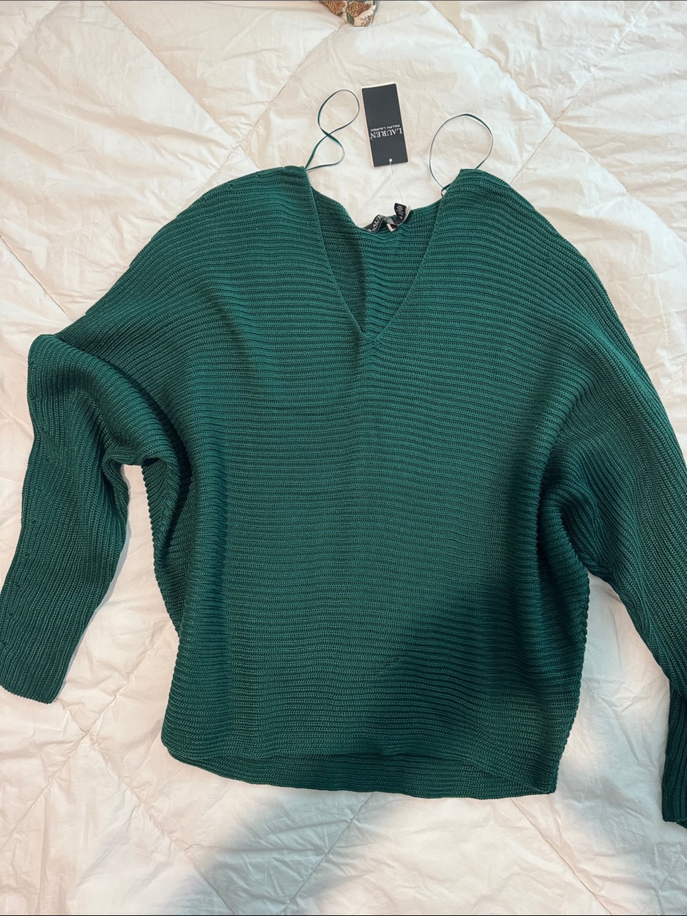 Lauren Ralph Lauren Emerald Green V-Neck Ribbed Sweater